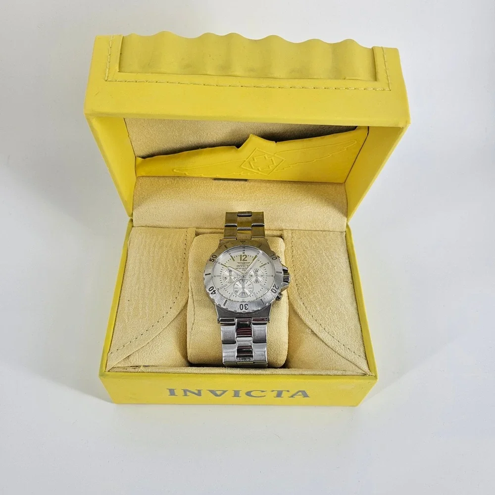 Invicta Watch Mens Silver 1265 Chronograph Stainless Steel White Dial Sport